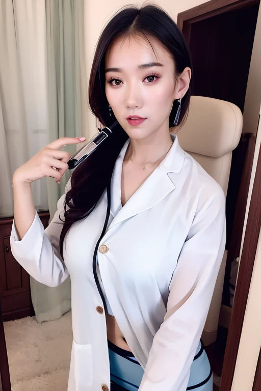 Realistic beauty doctor、Amazingly beautiful、Wearing a doctor&#39;s lab coat over a shirt,, (quality、8K、32k、​Masterpiece、north african free trade area:1.3)、ultra high resolution,(Realism:1.4),original photography, Detailed face,,beautiful hair, ((Doctor sty...