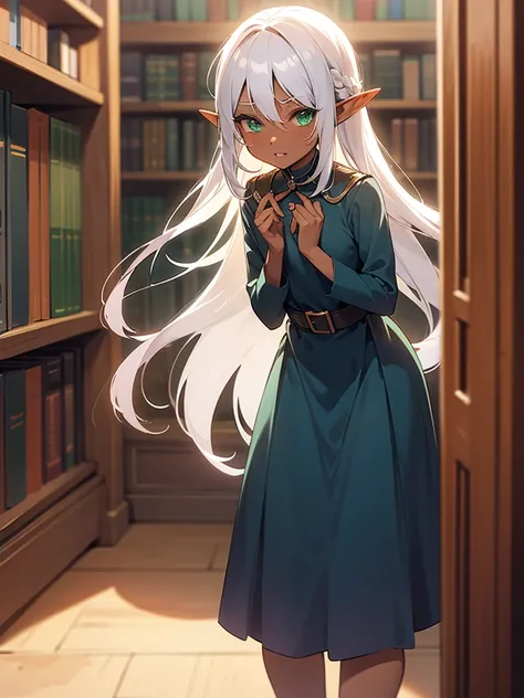 (((I want an elf girl, dark skin, white hair and green eyes, body with small chest and thin waist, wearing a long navy blue dress, set in a library)))