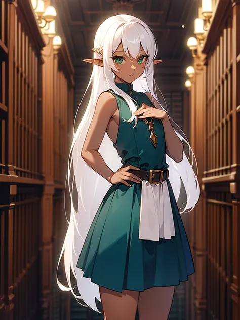 (((I want an elf girl, dark skin, white hair and green eyes, body with small chest and thin waist, wearing a long navy blue dress, set in a library)))