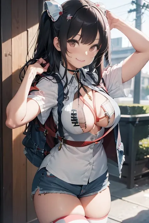 masterpiece、The best、1 female、denim vest、Denim shorts、Red shirt， Bun bun、black hair、Shoulder leakage、big breasts、chubby、Smile、White suspenders、lace leggingackpack，On campus，pose