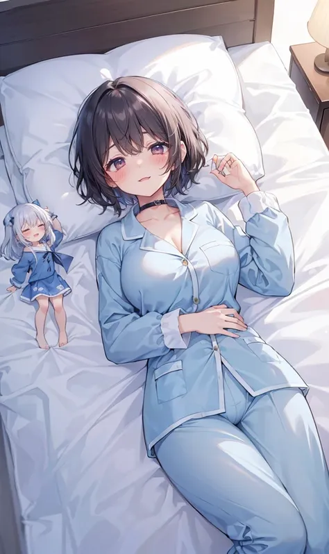 adventurer pajamas, (2girls:1.5), (simple background) (sleeping on a bed together cuddling: 1.2), (girl laid down on a bed: 1.2)...