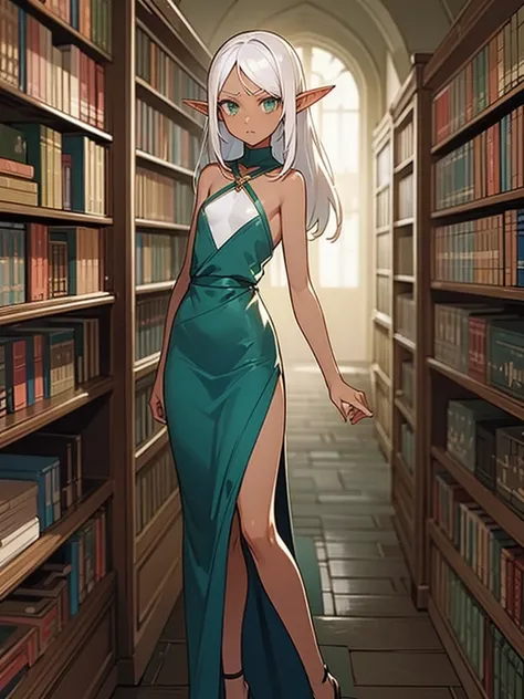 (((I want an elf girl, dark skin, white hair and green eyes, body with small chest and thin waist, wearing a long navy blue dress, set in a library, being alone, around him fallen books and a worried expression)))