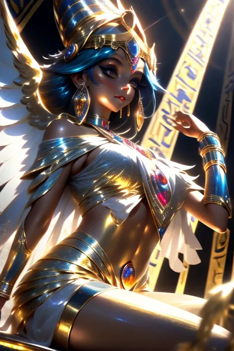 Main goddess of the Egyptian pantheon dressed in gold and golden makeup with wings spread., al estilo de los dioses egipcios, representado con un adorno de cabeza en forma de trono, una referencia a Osiris. coberto de joyas de lux, joyas, lux, EGYPTIAN SYM...