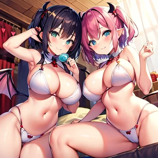 Succubus(twins)　pose of temptation　erotic body　　attractive face　　heart mark　cute smile　　eyes are hearts　　charm magic　angle from below　sit on the bed and pose　short hair　big boobs　sweets room background