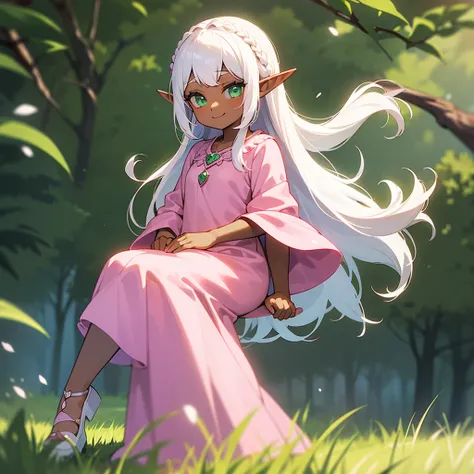 (((I want a child elf girl, with dark skin, white hair done in a hairstyle, green eyes, wearing a pink princess dress, and a sweet smile)))