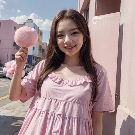 Model Twice from Nayeon. Nayeon is smiling as she holds cotton candy in her hand in a pink dress, its just him. Cotton candy is pink and slightly slanted towards the camera