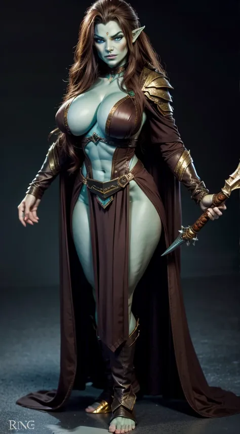 short, Female, Half-Orc, long flowing "light brown hair", "ice blue eyes", "green skin", black and brown robe, full body pose,