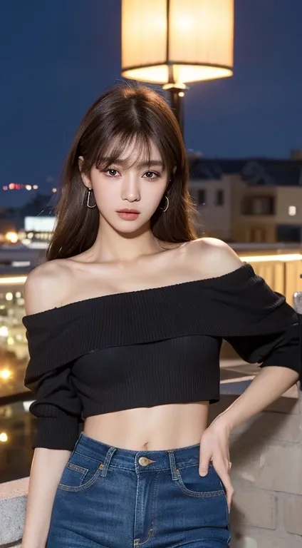 ((midnight, best quality, 8K, masterpiece :1.3)), whole body, long legs, sharp focus :1.2, pretty girl with perfect body :1.4, slim abs :1.1, ((dark brown hair, big bust :1.2)), (섬세한 off shoulder 탑, jeans, standing:1.2), ((night 도시 전망, rooftop:1.3)), Highl...