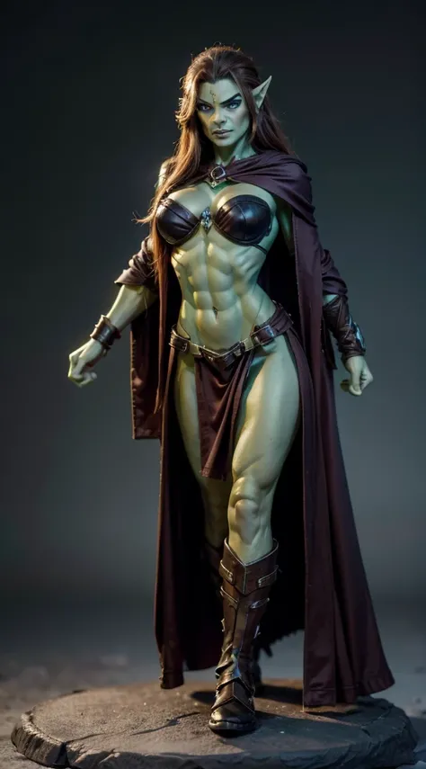 short, Female, Half-Orc, long flowing "light brown hair", "ice blue eyes", "green skin", black and brown robe, full body pose,