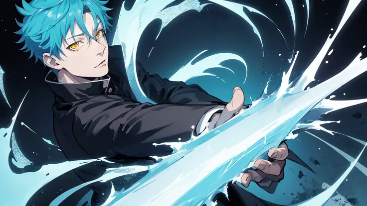 Masterpiece, 4k, SOLO, 1boy, anime style, jujutsu kaisen style, mature, cyan hair, yellow eyes, ice powers, holding a ice blade, pfp photo, focus on face