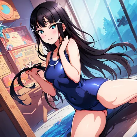 best quality, very aesthetic, Super detailed, best illustration, Dark blue one piece school swimsuit, black_hair, プールサイド