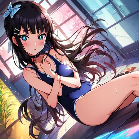 best quality, very aesthetic, Super detailed, best illustration, Dark blue one piece school swimsuit, black_hair, プールサイド