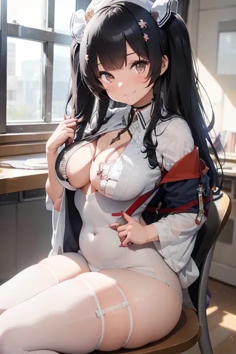 masterpiece、The best、1 female、 Bun bun、black hair、Shoulder leakage、big breasts、chubby、Smile、Nurse Uniform，White suspenders、lace leggingackpack，On campus，pose，One-piece Pants