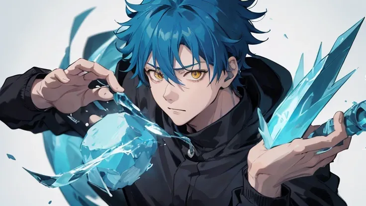 Good hands, Masterpiece, 4k, SOLO, 1boy, anime style, jujutsu kaisen style, mature, cyan hair, yellow eyes, ice powers, holding a ice blade, pfp photo, focus on face