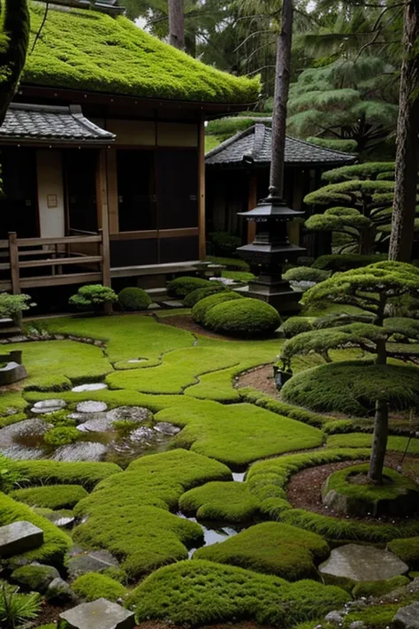 intricately detailed Japanese moss garden