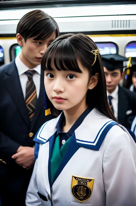 Cute 12 year old girl wearing elementary school graduation uniform,A man exposes his chest from inside his uniform and rubs it,Japanese,highly detailed eyes and face, sharp pupils,A narrow, dark gap in a crowded train、No 40&#39;s righty nan pushing on girl...