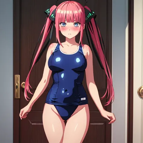 best quality, very aesthetic, Super detailed, best illustration, Dark blue one piece school swimsuit,bangs, pink_hair, blunt_bangs, hair_ornament, butterfly_hair_ornament, ribbon, black_ribbon, blue_eyes, blush, hair_ribbon, twintails, long_hair, our door