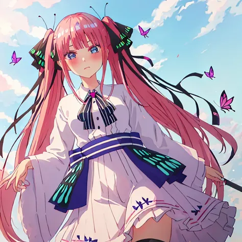 best quality, masterpiece, highres, solo, {nakano_nino_gotoubunnohanayome:1.15}, bangs, pink_hair, blunt_bangs, hair_ornament, butterfly_hair_ornament, ribbon, black_ribbon, blue_eyes, blush, hair_ribbon, twintails, long_hair, 1girl, shirt, white_shirt, lo...