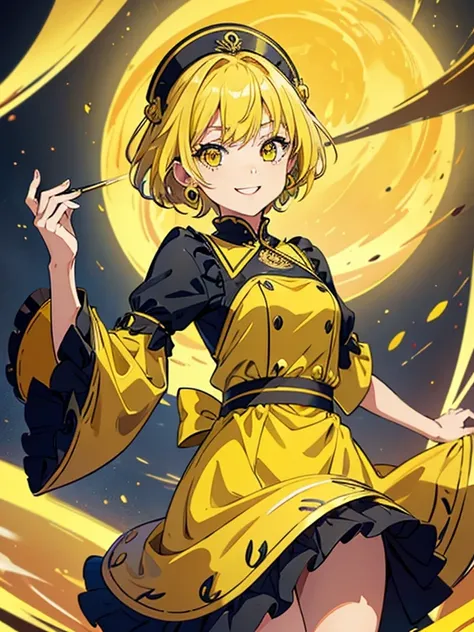 masterpiece, extremely fine and beautiful,1 little girl,idol costumes,jumping,skinny body shape,drooping eyes,smiling,short hair,yellow hair,yellow eyes,from below,yellow earrings