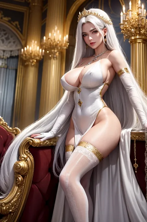 ultra detailed 8k cg, ultra realitsic, masterpiece, spotlight, royal palace, cinematic lighting, cinematic bloom, professional photography, absurdly long hair, very long hair, white hair, divine goddess, huge breasts, breasts out, queen, gorgeous female, l...