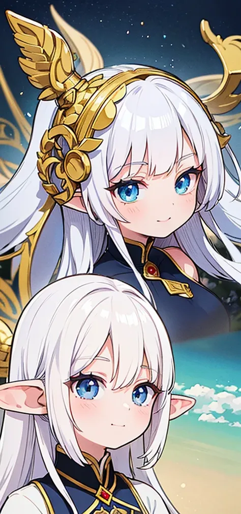 anime - style image of a woman with long white hair and blue eyes, she has elf ears and gold eyes, elven character with smirk, elf girl, a portrait of an elf, portrait of an elf, portrait of an elf queen, an elf queen, elf princess, white haired deity, all...