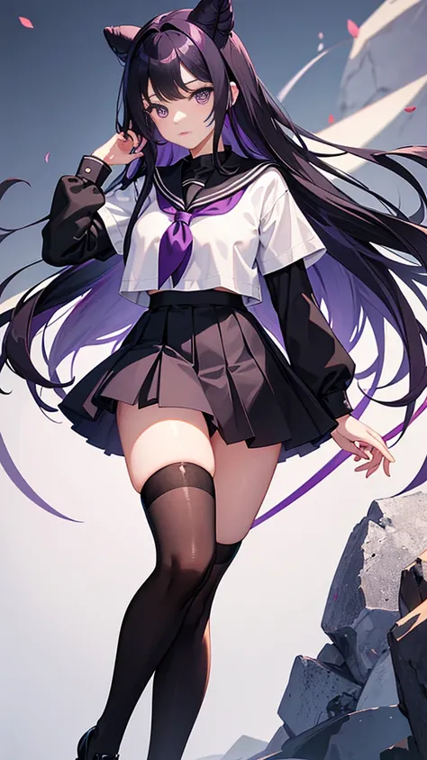 young girl, long dark purple or black hair, purple eyes, black school uniform,sailor suit、thighs，knee high socks，short sleeve， masterpiece, high quality, High resolution, HD, 4k、thighsから上のカット、beautiful eyes、bun hair、