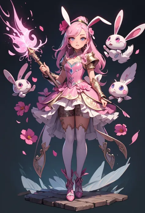 (detailed illustrations,Very detailed and precise drawing,Delicate drawn lines with tempo,Realistic texture expression),[color traced main line],(fantasy world battlefield [burning castle]),(GIRL ROBOT 12yo (pink rabbit [METALFACE[lenticular iris]])) [WEAP...