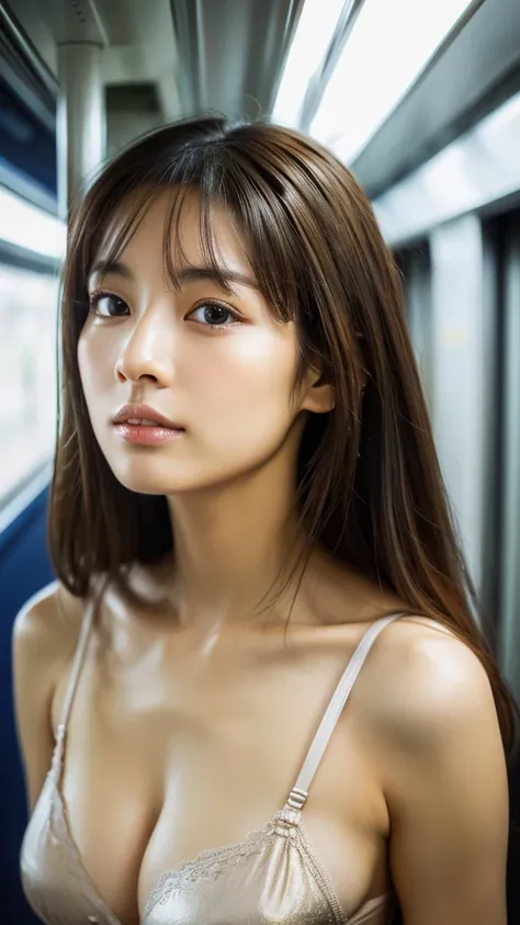 (((muste piece,It&#39;s photorealistic))), (((8K,best quality: 1.4))), ((super detail: 1.4)) , Beautiful woman,Japanese,25 years old,inside the train,Ultra-detailed facial features, expressive faces, detailed texture, Natural Skin Shader, Full body,ultra h...