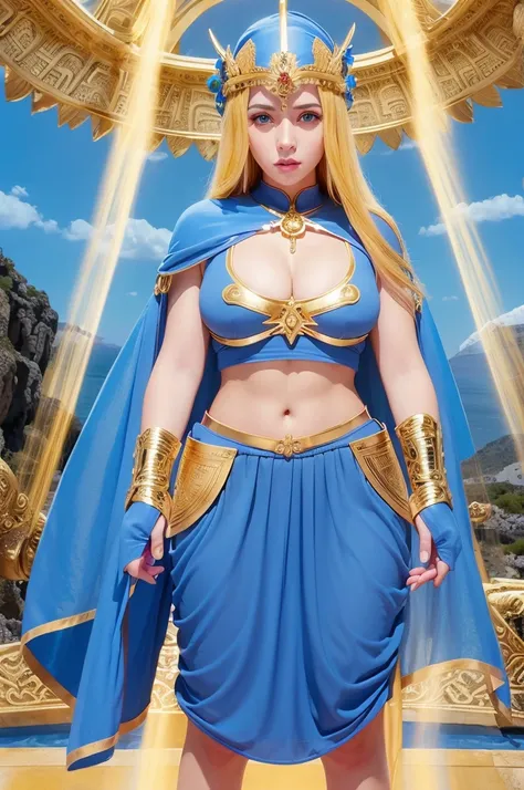 Hermosa Diosa Athena, senos grandes, hermosos y grandes pechos, Greek mythological goddess Athena, Ojos Azules , colores vividos brillantes, armadura de oro