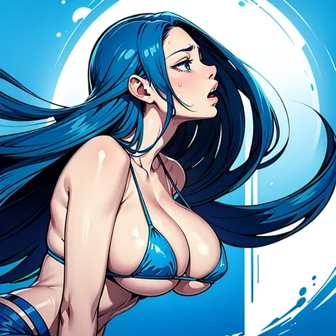 best picture quality，Empty expression，profile，Delicate facial features，long hair，big breasts blue bikinlightly open mouth drooling