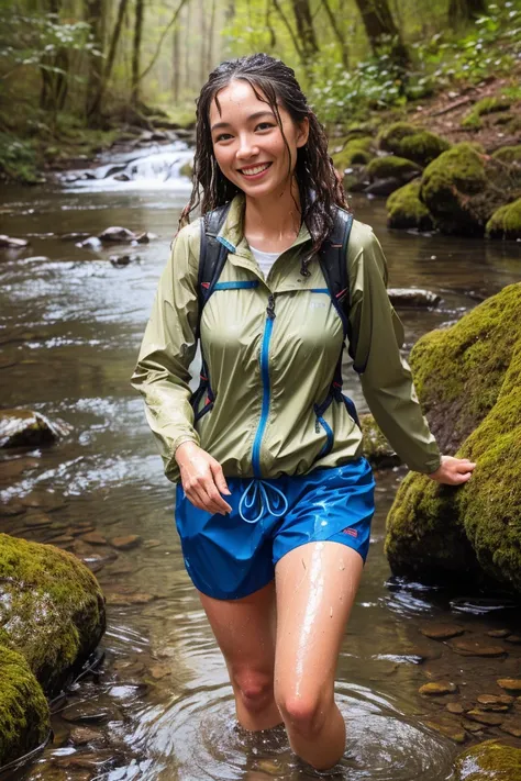 hiker wading through stream, wet clothes, wet hair, dripping wet, 1girl, looking at viewer, smile