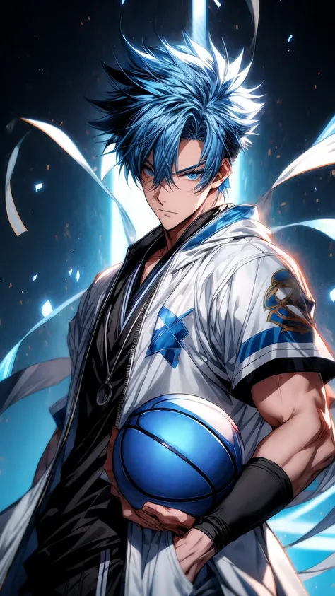 anime boy with blue hair holding a basketball ball in his hands,close-up figure, 4 k manga wallpaper, badass anime 8 k, tall anime guy with blue eyes, anime style 4 k, 4k anime wallpaper, anime wallpaper 4 k, anime wallpaper 4k, anime handsome man, 2 d ani...