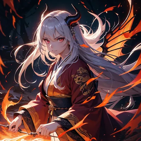 best quality,ultra-detailed,realistic,portrait,beautiful eye details,long flowing hair,sparkling chakra,fiery dragon wings,demonic horns and tail,ethereal glow,expression of determination,fierce battle stance,traditional Japanese kimono,shadowy forest back...