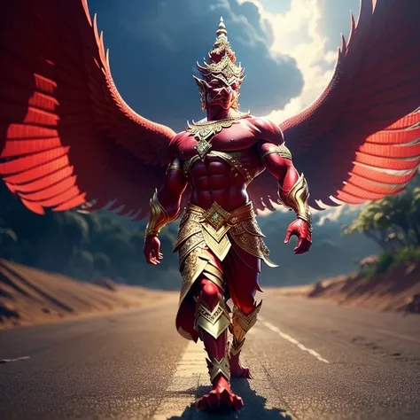 (Garuda 1, Garuda male human form) Red eyes, red body with muscles. Best anatomy: Red Garuda, Red Feathered Garuda, Big Red Winged Garuda. perfect wingspan Wear jewelry made from gold with Thai patterns. Gold jewelry decorated with diamonds on Garudas head...