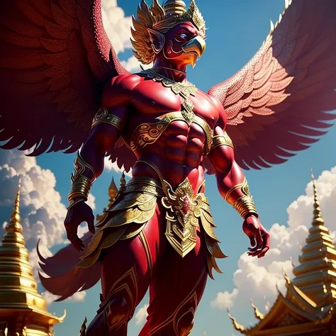 (garuda 1, garuda male human form) red eyes, red body with muscles. best anatomy: red garuda, red feathered garuda, big red wing...