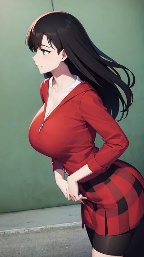 Black hair , big breasts red bra , unbuttoned green shirt , tight skirt , looks at us with a smile , front view , seductive anime woman