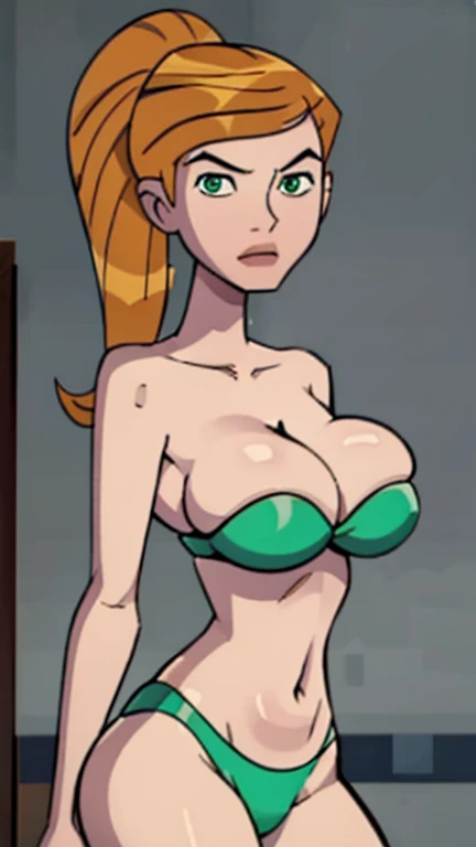 Gwen Tennyson the busty woman from Ben 10 looking like a hot babe,gourgeous goddess,beautifull,cute face with a large,curvy voluptuous body, massive breasts, thick thighs wearing see through golden bikini 