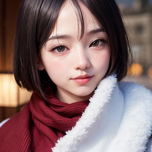 ((8k、RAW photo、highest quality、masterpiece:1.2))、(genuine、フォトgenuine:1.4)、japanese women、１people&#39;s women、Slender beauty、bob cut 、big breasts、Scarf、snow、City of night、super detailed face、super detailed eyes、double eyelid、smile、background blur