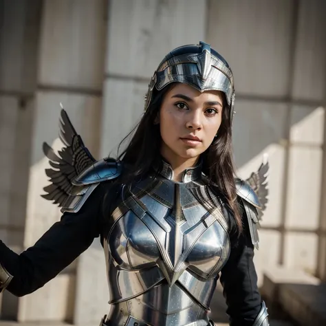 (1vvydunne:.95), High angle photo of a gorgeous young Valkyrie woman in the style of Stefan Kostic, Realistic skin texture,(Helmet with wings:1.1), (Valkyrie Armor:1.2), 1 / 2 Body cropping, 8 5mm art lens, f 1. 2, sharp focus, 8K HD, extremely detailed, c...