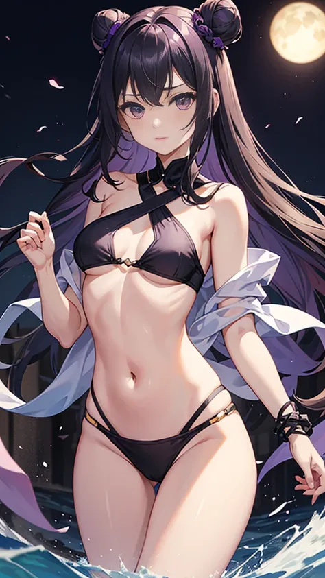 young girl, long dark purple or black hair, purple eyes, beautiful chest,I can see your stomach、thighs，The navel is visible，swimsuit， masterpiece, high quality, High resolution, HD, 4k、thighsから上のカット、beautiful eyes、bun hair、small breasts