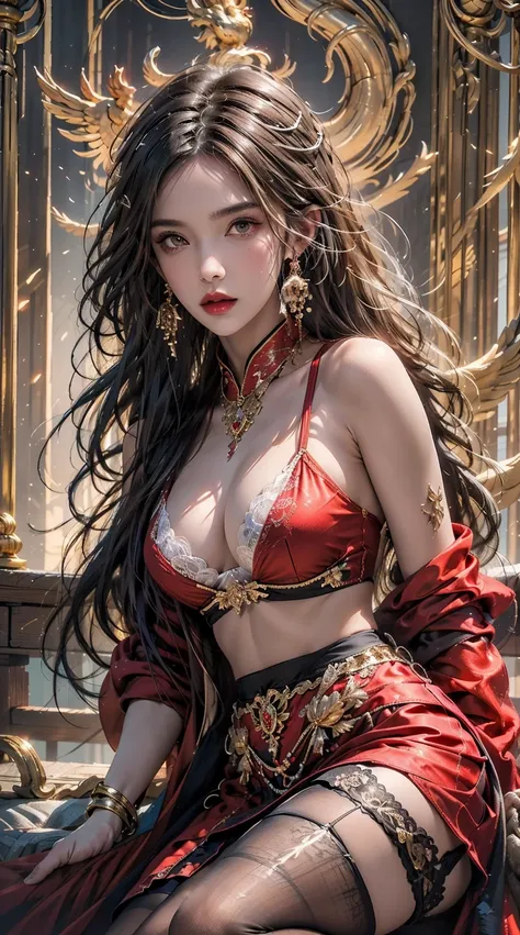 ((Masterpiece, Highest quality)), Detailed face, CharacterDesignSheet，full bodyesbian, Full of details, Multiple poses and expressions, Highly detailed, Depth, Many parteuaty girl，cinmatic lighting，with light glowing，Red and gold，Phoenix decoration，light y...