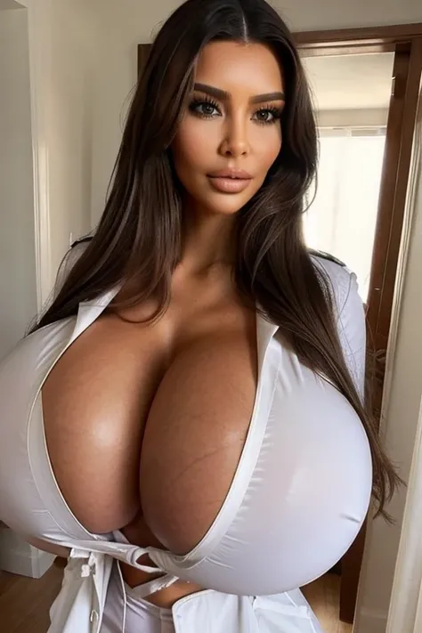 a nude woman, wearing a white button up shirt and brown lether jacket, huge breasts, gigantic breasts, wide hips, massive breasts, her breasts are massive, long brown hair, kim k look alike
