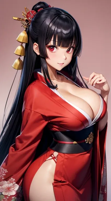 ((Best Quality)), ((masutepiece)), (Detailed), Perfect face　A detailed face　younggirl　cleavage of the breast　red eyes　long, thick black hair　 Blunt bangs　Solid background color　Stand and pose　wear kimono、巨，劈腿