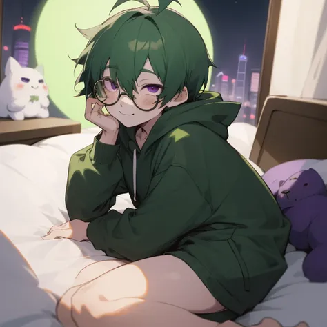 Shota boy,green hair,short hair,wearing a black circle glasses,two green antenna,purple eyes,cute,white skin,wearing a hoodie,wearing a panties,lying on the bed,innocent,smiling,shy,night in shanghai