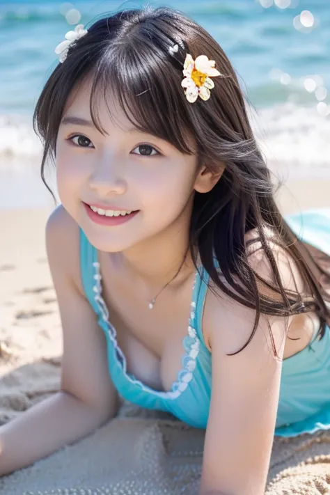 (((masterpiece))), (((full body photo)))，(((lie down)))、(((on the beach)))、 (one beautiful girl, innocence，cute) ，ultra high resolution, reality, Super detailed, 8k,highest quality, very detailed, blurred background,thin，small breasts，(very beautiful japan...