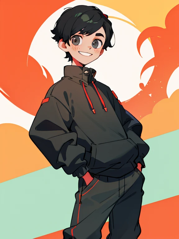 a boy,short black hair,facing the camera sideways,wearing a gray sweatshirt（the sleeves are red）smile，hands in pockets,sunny and...