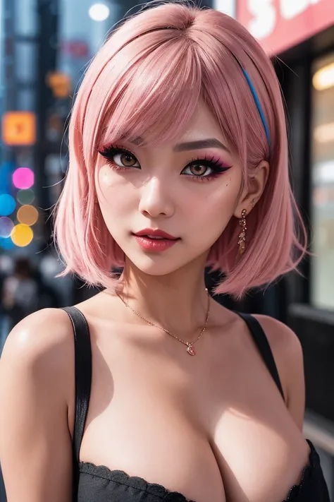 Close-up of a Kogal fashionista,cleavage,focusing on her trendsetting makeup with bold eyeliner and glossy lips, against a colorful  Shibuya backdrop, vibrant bokeh photography style, high-definition quality.