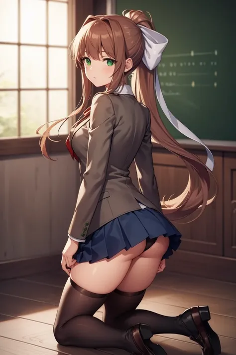 ddlcmonika, ddlcmonika, blunt bangs, brown hair, (green eyes:1.5), long hair, ponytail, ribbon, white ribbon, hair ribbon, sidelocks, ass, black panties, 
BREAK black thighhighs, blue skirt, brown jacket, jacket, long sleeves, mary janes, over-kneehighs, p...