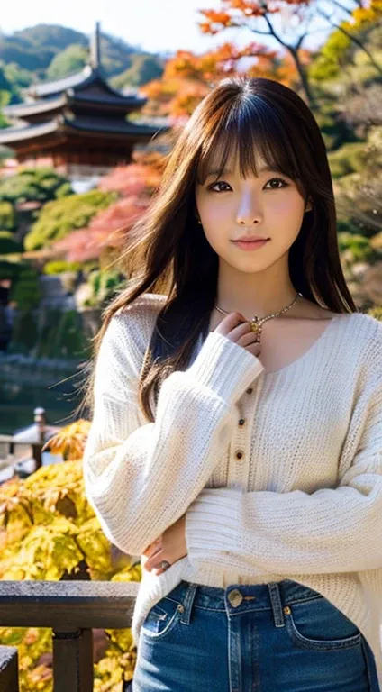 Rin&#39;s image, according to your detailed instructions, created. depicts her realistically and in detail, With the Fukuoka Castle ruins in the background. Lin depicted as Asian, long brown hair, Decorated with elegant jewelry. she is wearing a white swea...