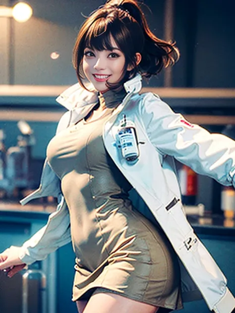 good body, wind, bangs, (smile:1.5),(short hair:1.3), 1girl, (light brown hair:1.5),(up ponytail) (big boobs:1.3),(Lightly dress :1.3),(white jacket:1.5), (detailed university laboratory :1.4),extremely detailed CG unity 8k wallpaper,